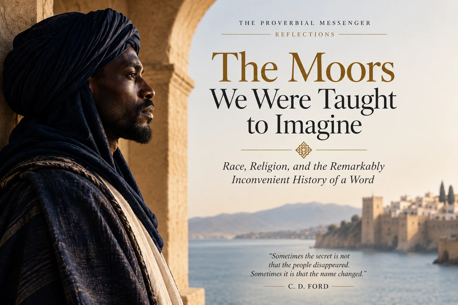 The Moors We Were Taught to Imagine editorial artwork showing a Black man in a dark turban overlooking a Mediterranean coastal city