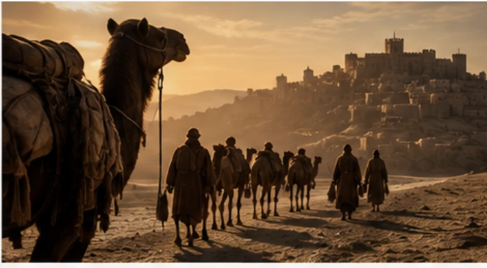 Caravan travelling toward a fortified city at sunset