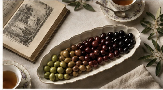 Editorial still life of olives arranged from green through brown and purple to black beside an old book and tea