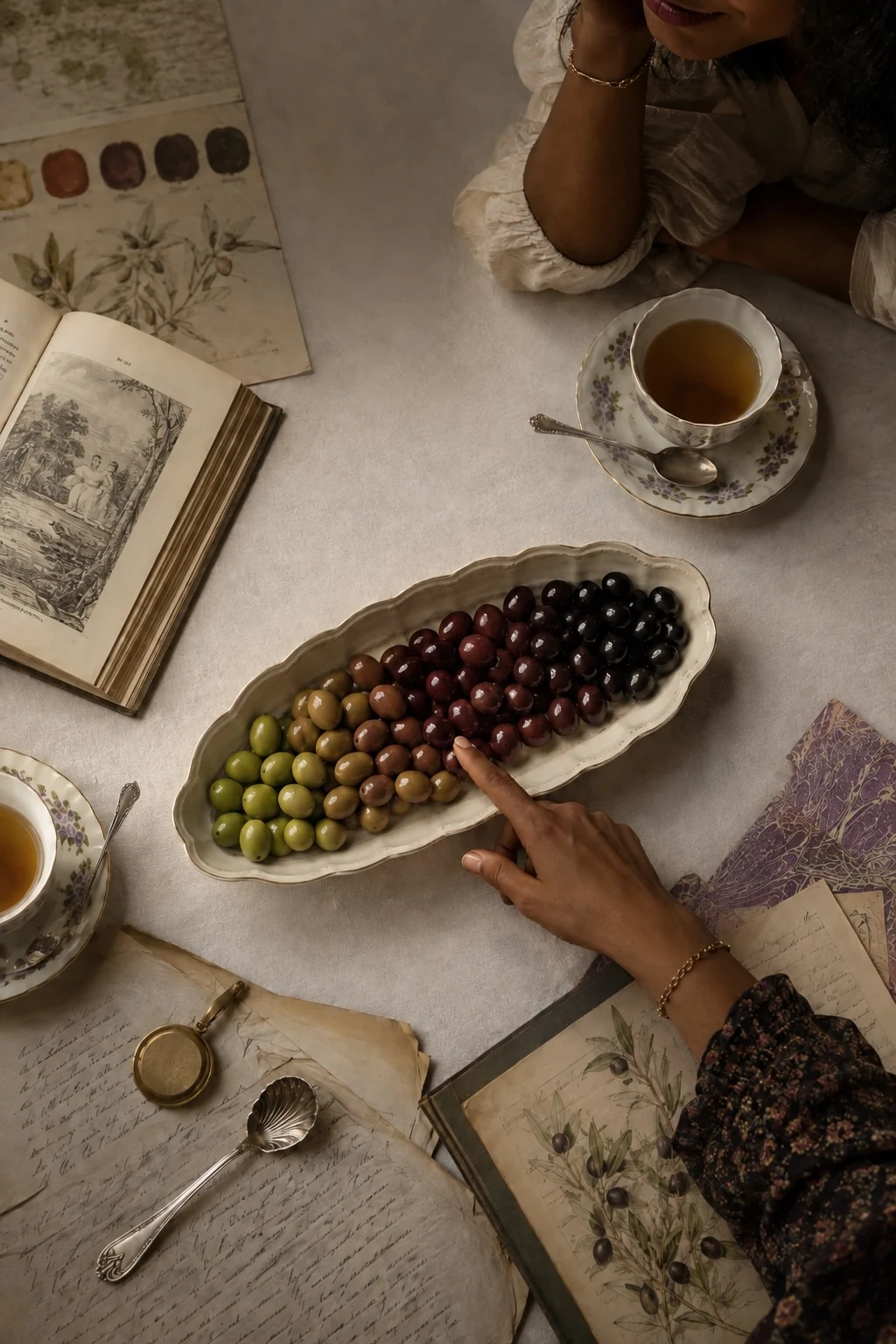 An editorial still life of tea, books, archival papers, and olives ranging from green through brown, purple and black